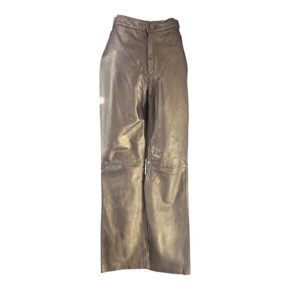 Vintage High Waisted Brown Gold Metallic Shiny 100% Leather Straight Leg - Picture 2 of 8